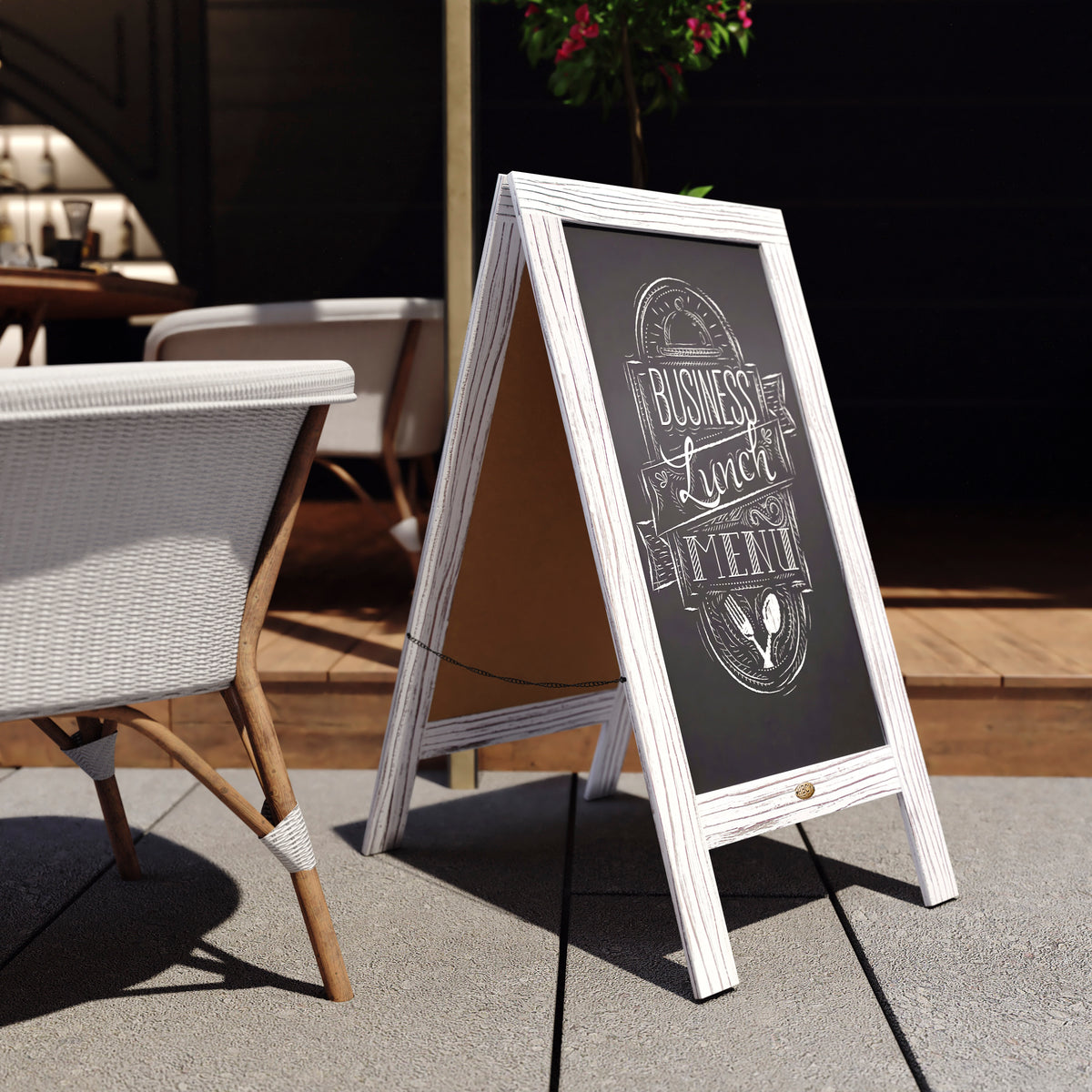 Canterbury 40" x 20" Whitewashed Wooden Indoor/Outdoor A-Frame Magnetic Chalkboard Sign Set - 8 Chalk Markers, 10 Stencils, 2 Magnets, and Eraser
