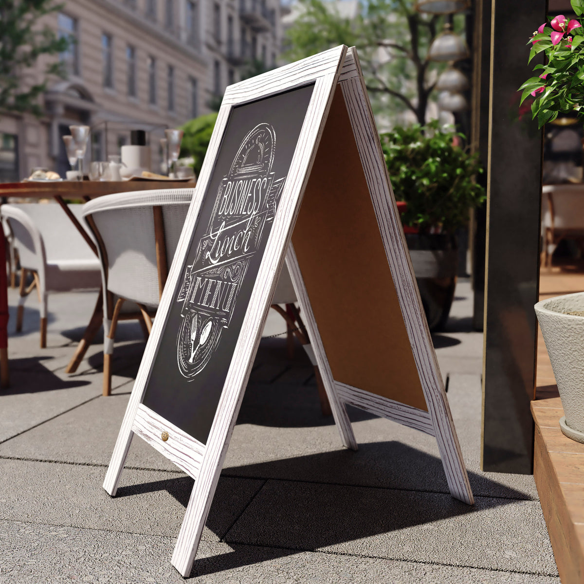 Canterbury 40" x 20" Whitewashed Wooden Indoor/Outdoor A-Frame Magnetic Chalkboard Sign Set - 8 Chalk Markers, 10 Stencils, 2 Magnets, and Eraser