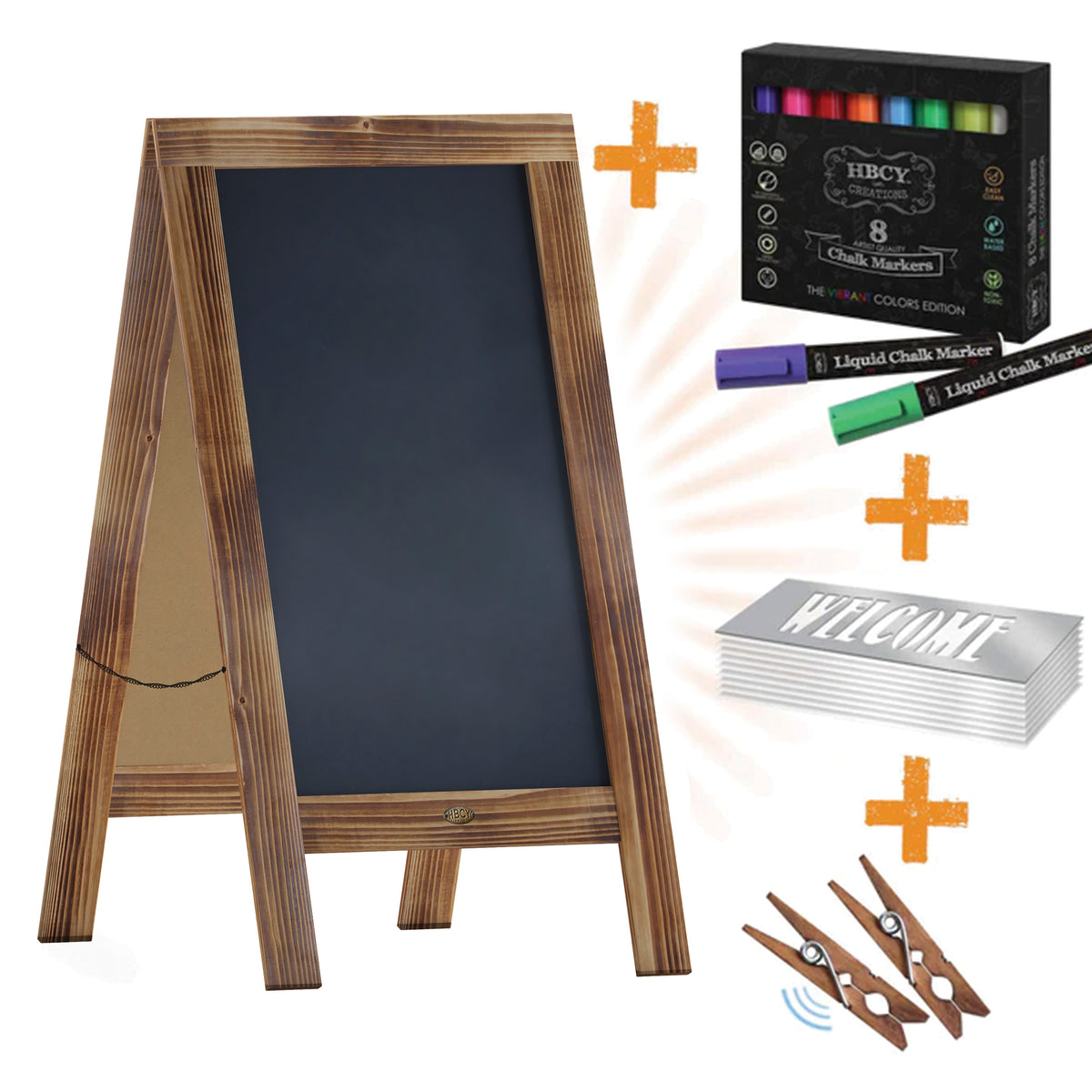 Canterbury 40" x 20" Rustic Brown Wooden Indoor/Outdoor A-Frame Magnetic Chalkboard Sign Set with 8 Chalk Markers, 10 Stencils, 2 Magnets, and Eraser