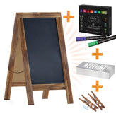 Canterbury 40" x 20" Rustic Brown Wooden Indoor/Outdoor A-Frame Magnetic Chalkboard Sign Set with 8 Chalk Markers, 10 Stencils, 2 Magnets, and Eraser