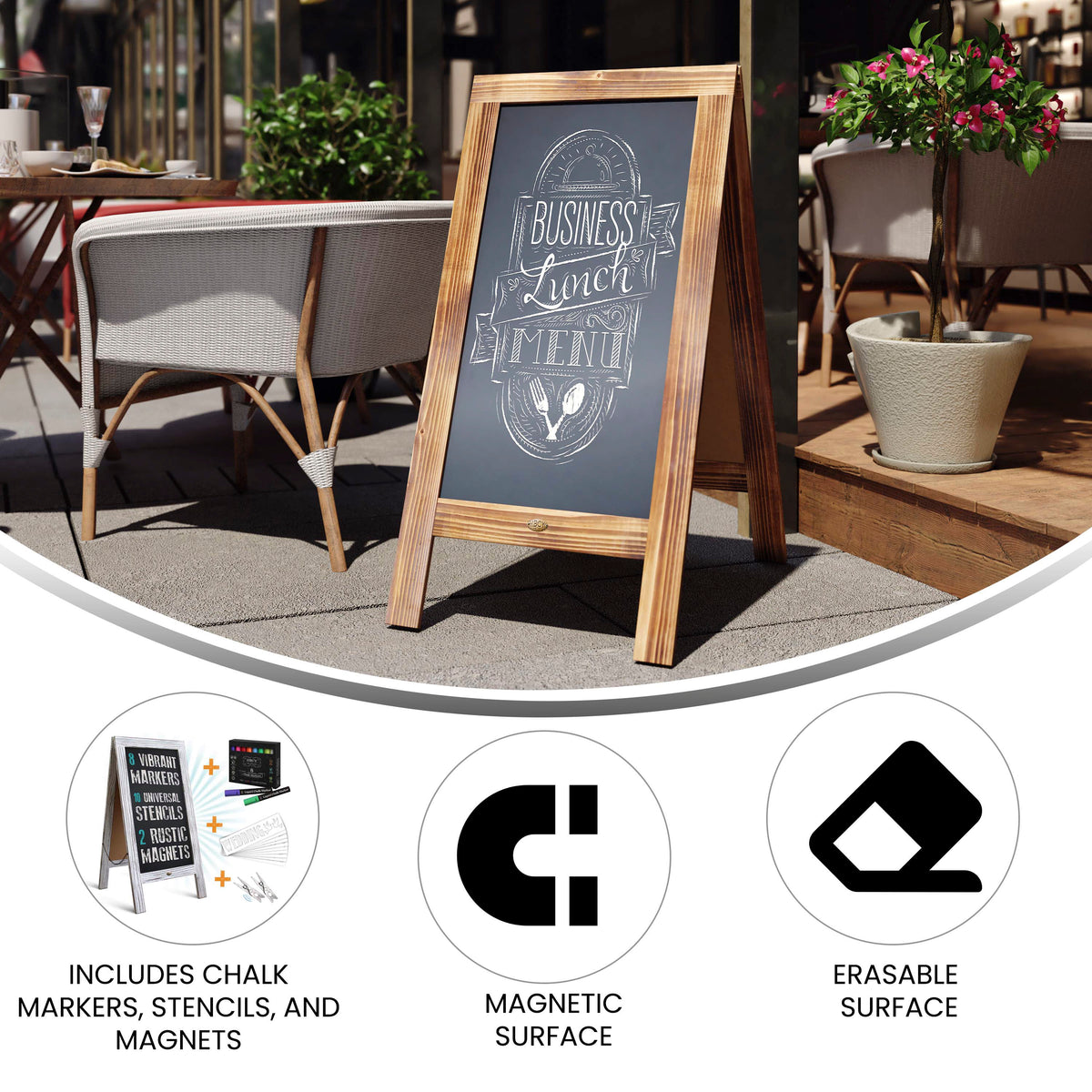 Canterbury 40" x 20" Rustic Brown Wooden Indoor/Outdoor A-Frame Magnetic Chalkboard Sign Set with 8 Chalk Markers, 10 Stencils, 2 Magnets, and Eraser