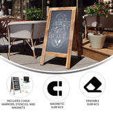 Canterbury 40" x 20" Rustic Brown Wooden Indoor/Outdoor A-Frame Magnetic Chalkboard Sign Set with 8 Chalk Markers, 10 Stencils, 2 Magnets, and Eraser