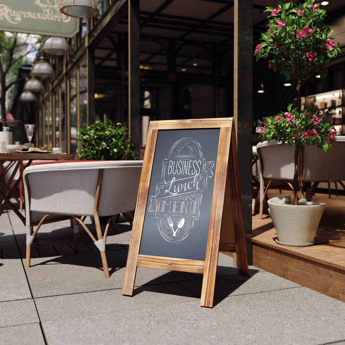 Canterbury 40" x 20" Rustic Brown Wooden Indoor/Outdoor A-Frame Magnetic Chalkboard Sign Set with 8 Chalk Markers, 10 Stencils, 2 Magnets, and Eraser