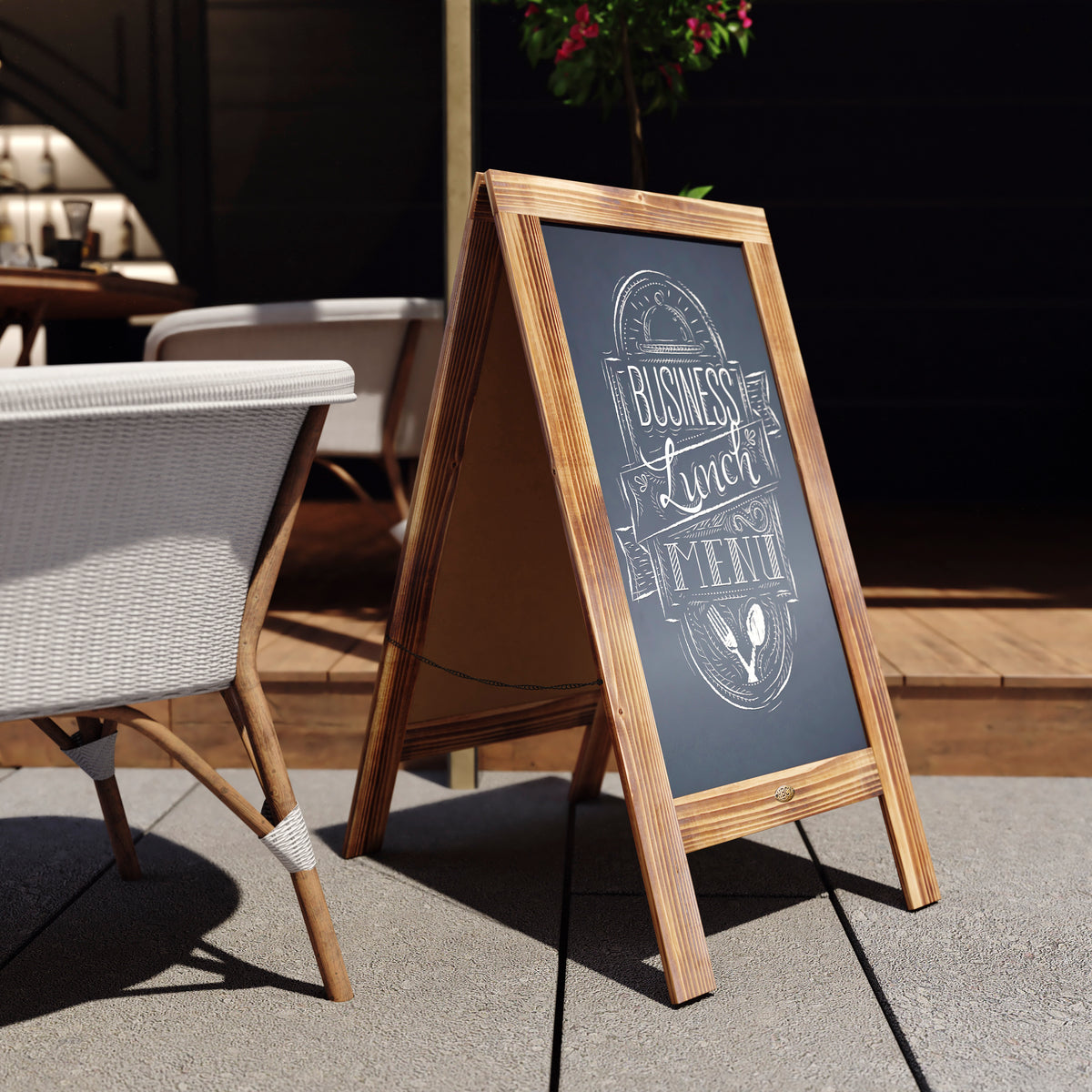 Canterbury 40" x 20" Rustic Brown Wooden Indoor/Outdoor A-Frame Magnetic Chalkboard Sign Set with 8 Chalk Markers, 10 Stencils, 2 Magnets, and Eraser