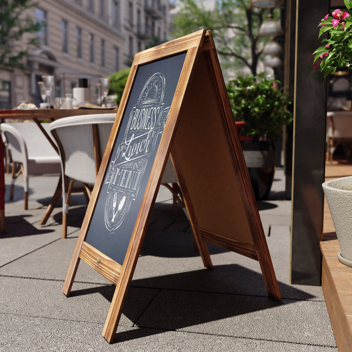 Canterbury 40" x 20" Rustic Brown Wooden Indoor/Outdoor A-Frame Magnetic Chalkboard Sign Set with 8 Chalk Markers, 10 Stencils, 2 Magnets, and Eraser