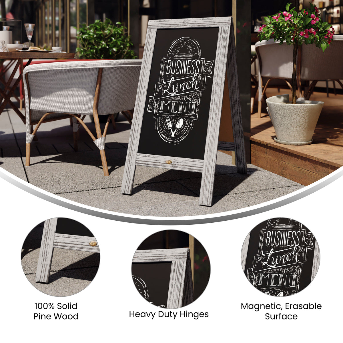 Canterbury 40" x 20" Vintage Wooden A-Frame Magnetic Indoor/Outdoor Chalkboard Sign, Freestanding Double Sided Extra Large Message Board, Graywash
