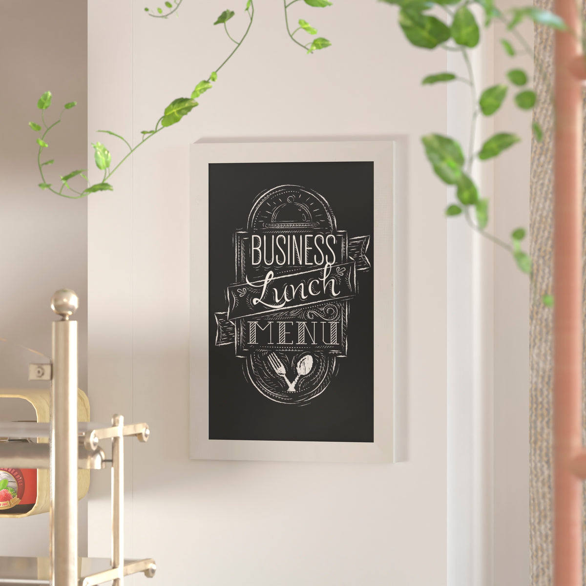Canterbury 20" x 30" White Wall Mount Magnetic Chalkboard Sign with Eraser, Hanging Wall Chalkboard Memo Board for Home, School, or Business