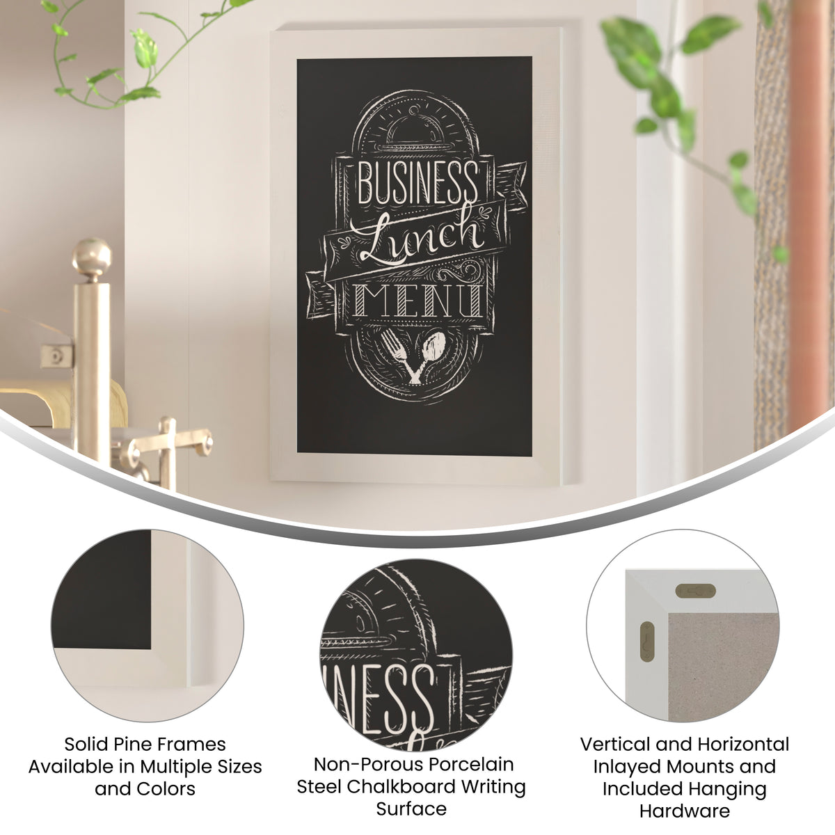 Canterbury 20" x 30" White Wall Mount Magnetic Chalkboard Sign with Eraser, Hanging Wall Chalkboard Memo Board for Home, School, or Business