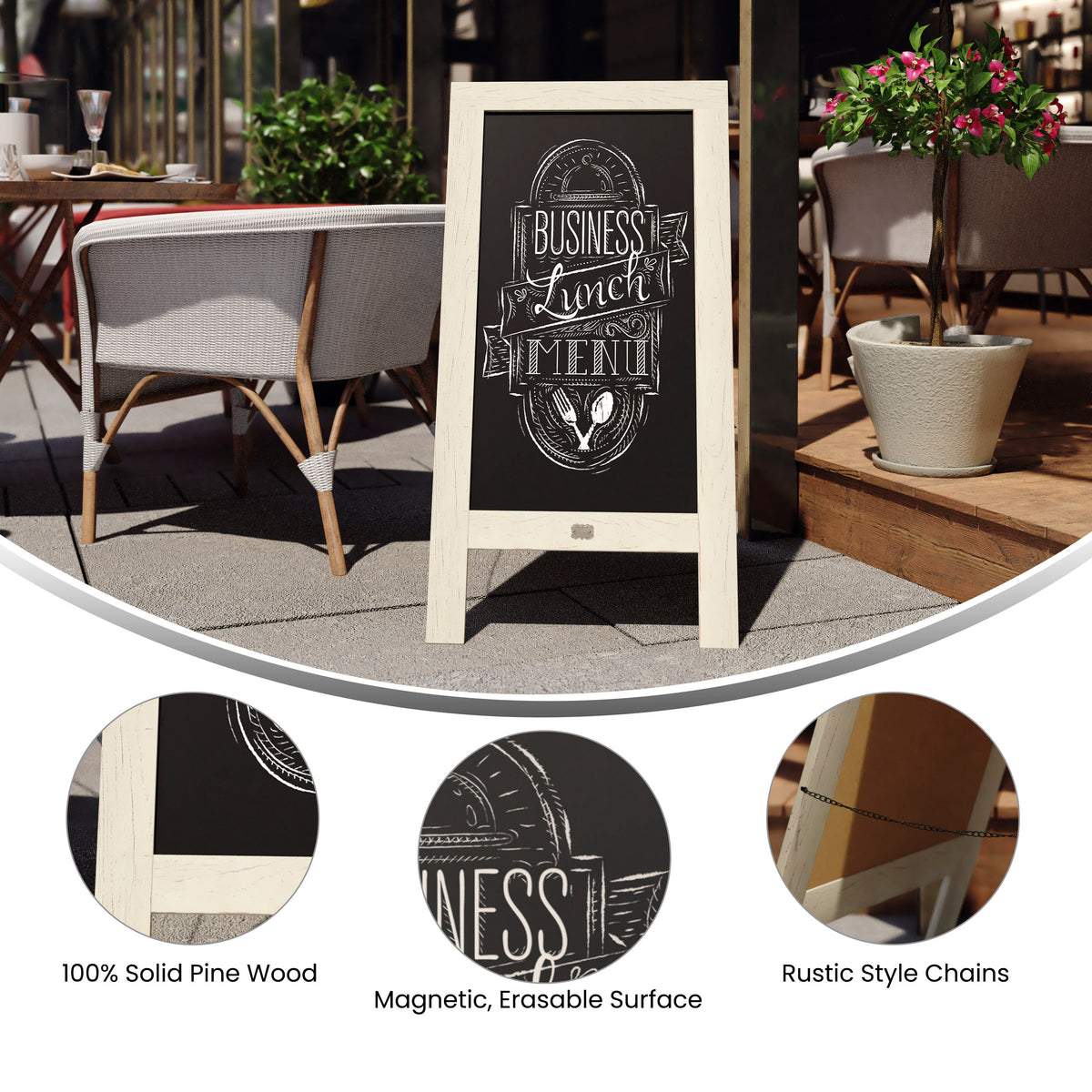 Canterbury 40" x 20" Vintage Wooden A-Frame Magnetic Indoor/Outdoor Chalkboard Sign, Freestanding Double Sided Extra Large Message Board, White