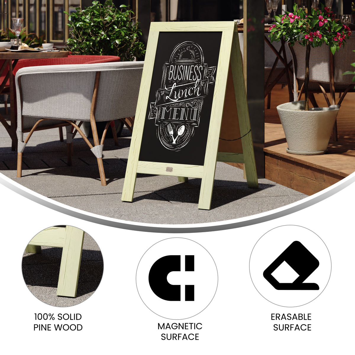 Canterbury 40" x 20" Vintage Wooden A-Frame Magnetic Indoor/Outdoor Chalkboard Sign, Freestanding Double Sided Extra Large Message Board, Green