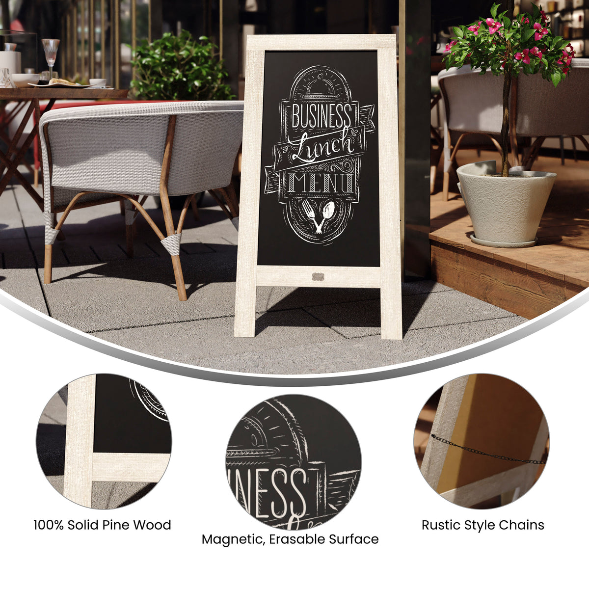 Canterbury 40" x 20" Weathered Wooden Indoor/Outdoor A-Frame Magnetic Chalkboard Sign Set with 8 Chalk Markers, 10 Stencils, and 2 Magnets, and Eraser