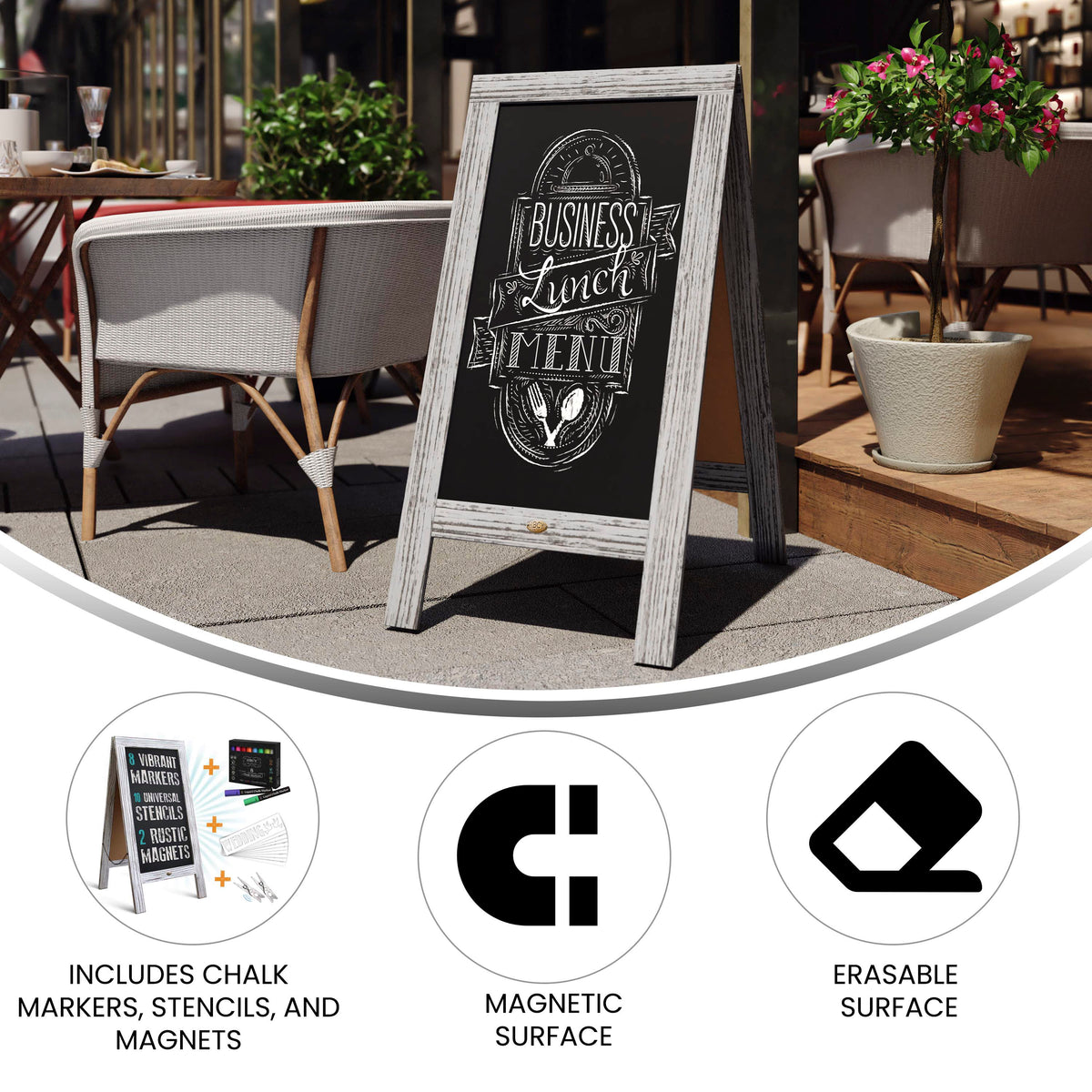 Canterbury 40" x 20" Graywashed Wooden Indoor/Outdoor A-Frame Magnetic Chalkboard Sign Set with 8 Chalk Markers, 10 Stencils, 2 Magnets, and Eraser