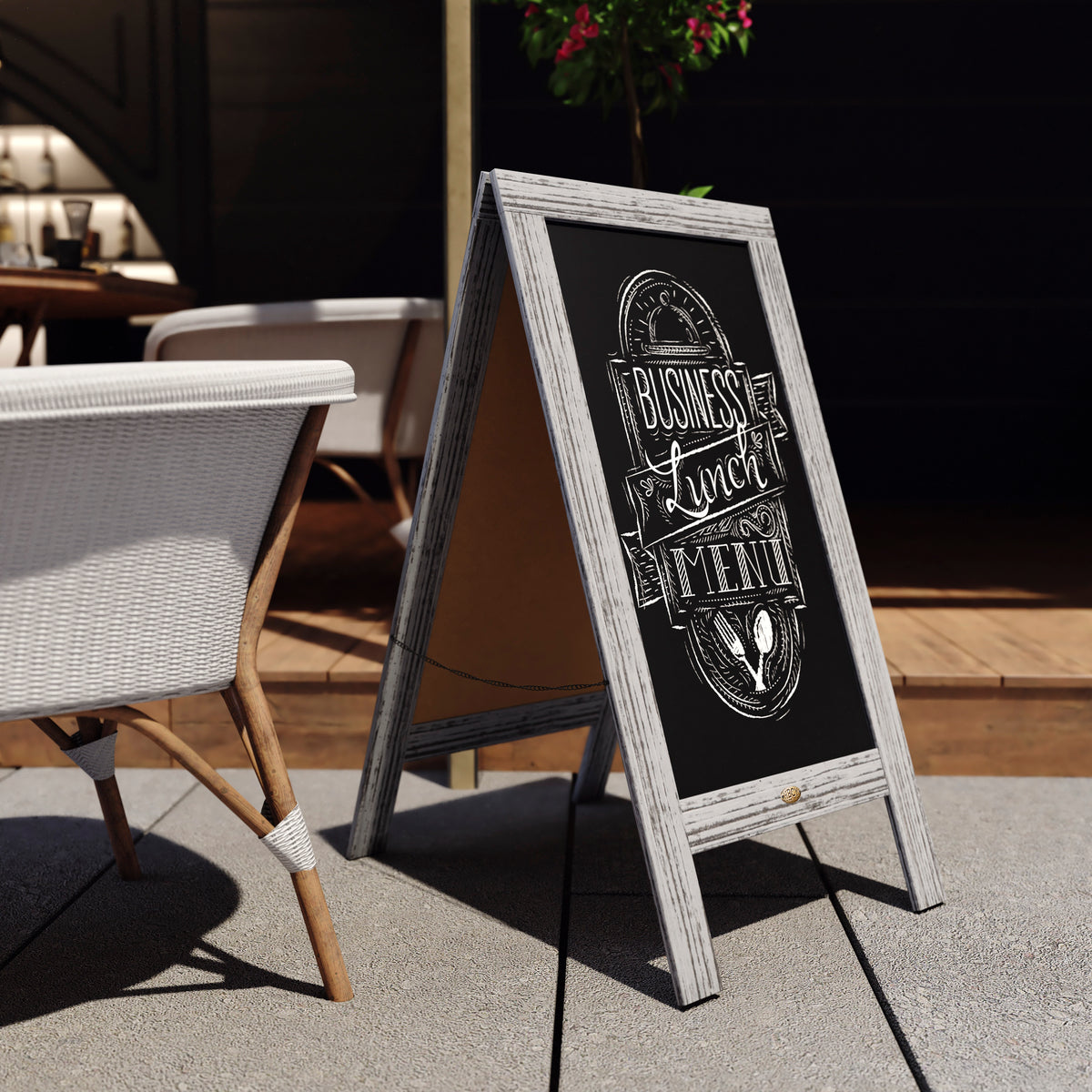 Canterbury 40" x 20" Graywashed Wooden Indoor/Outdoor A-Frame Magnetic Chalkboard Sign Set with 8 Chalk Markers, 10 Stencils, 2 Magnets, and Eraser