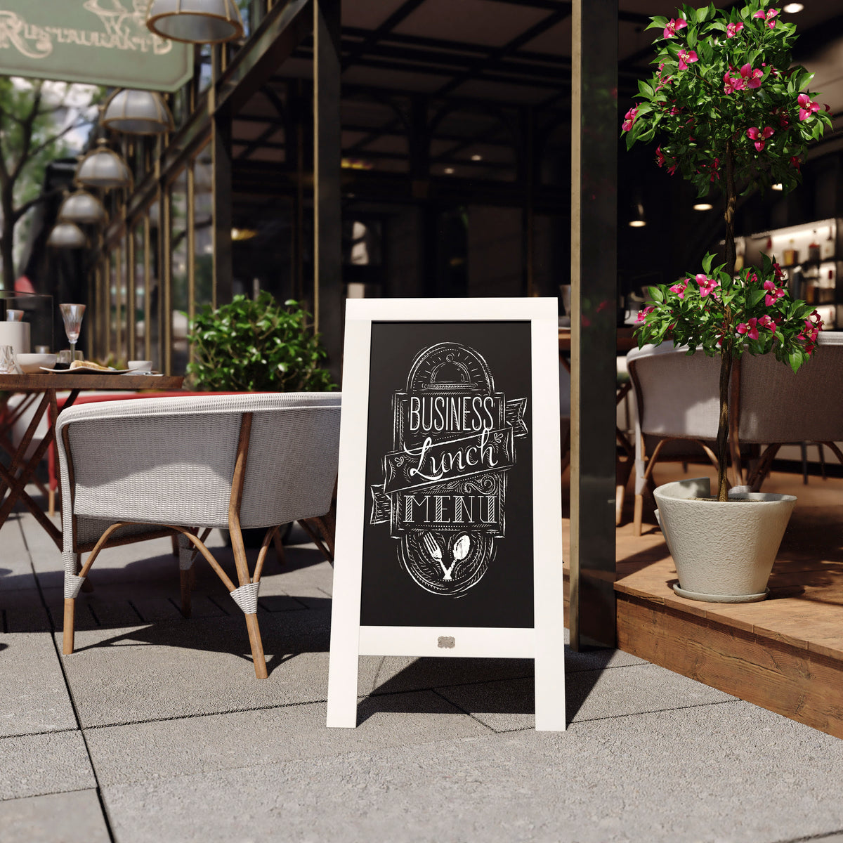 Canterbury 40" x 20" White Wooden Indoor/Outdoor A-Frame Magnetic Chalkboard Sign Set with 8 Chalk Markers, 10 Stencils, and 2 Magnets, and Eraser