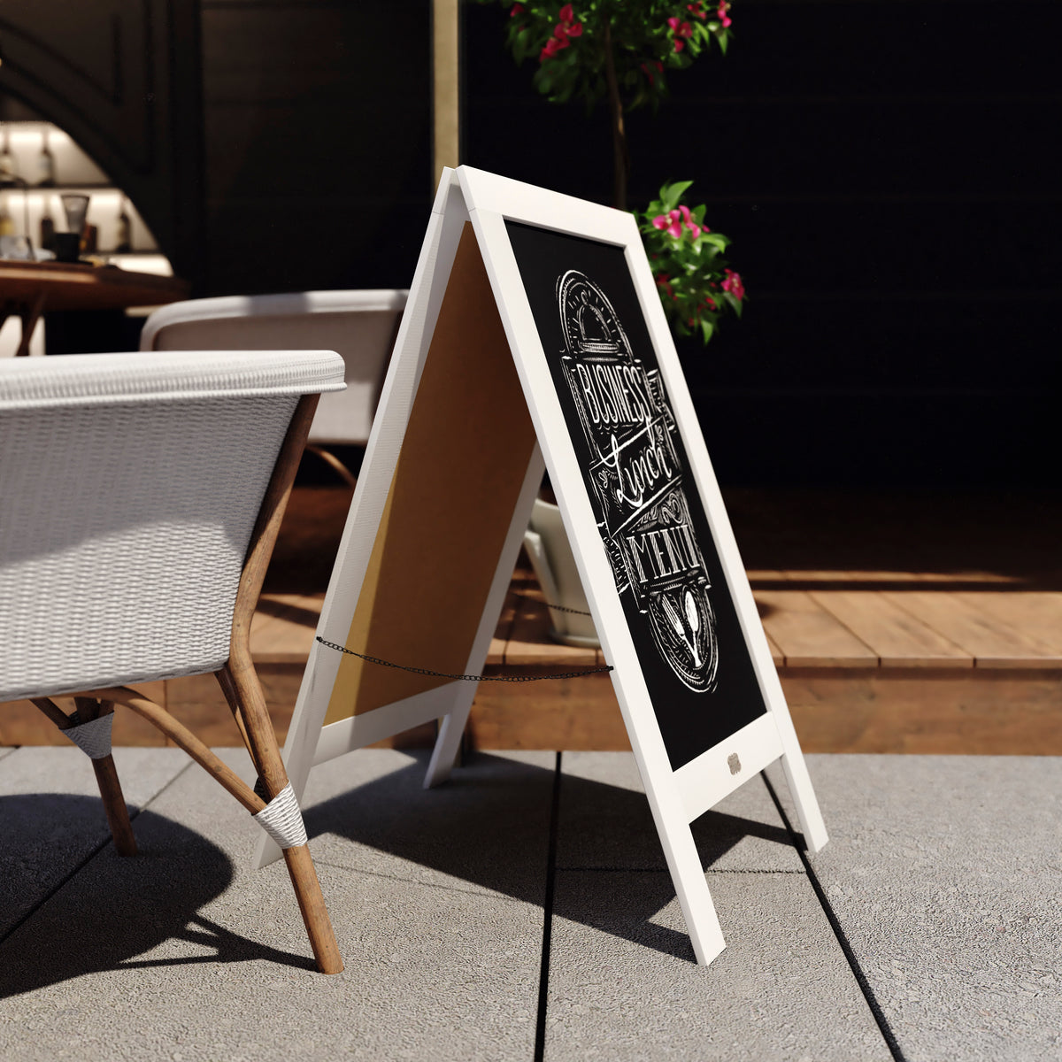 Canterbury 40" x 20" White Wooden Indoor/Outdoor A-Frame Magnetic Chalkboard Sign Set with 8 Chalk Markers, 10 Stencils, and 2 Magnets, and Eraser