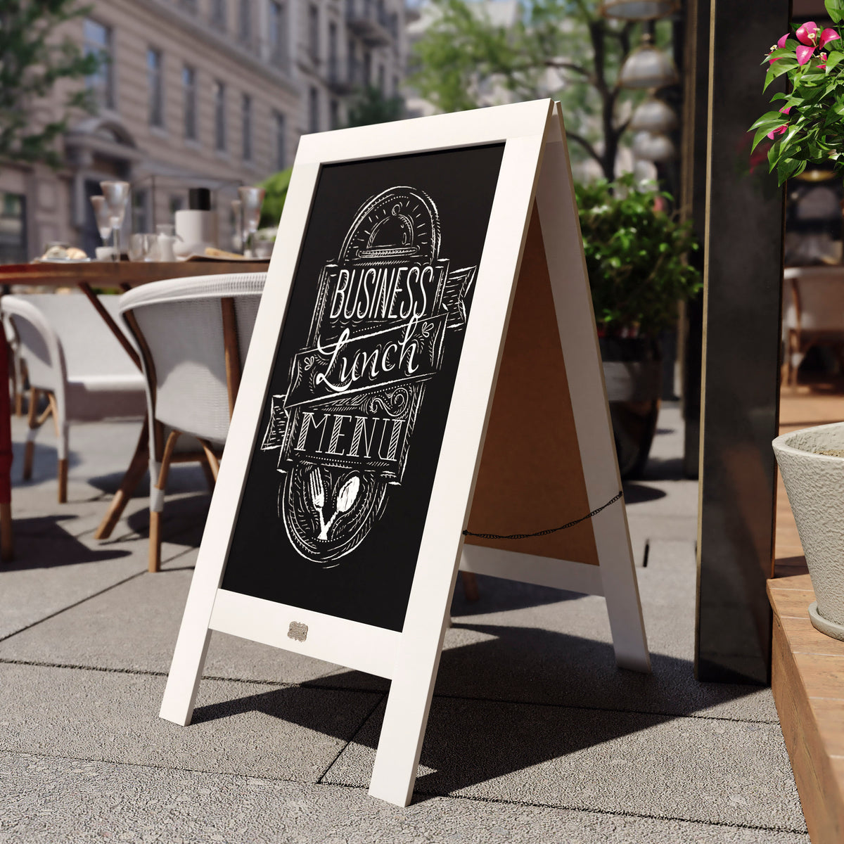 Canterbury 40" x 20" White Wooden Indoor/Outdoor A-Frame Magnetic Chalkboard Sign Set with 8 Chalk Markers, 10 Stencils, and 2 Magnets, and Eraser