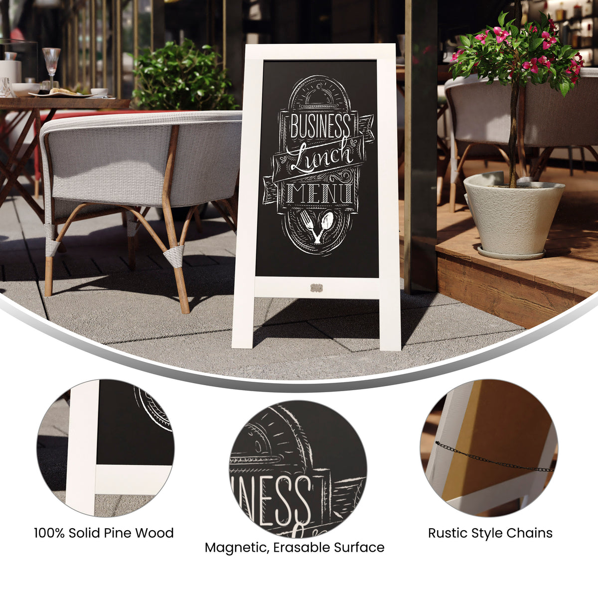 Canterbury 40" x 20" White Wooden Indoor/Outdoor A-Frame Magnetic Chalkboard Sign Set with 8 Chalk Markers, 10 Stencils, and 2 Magnets, and Eraser