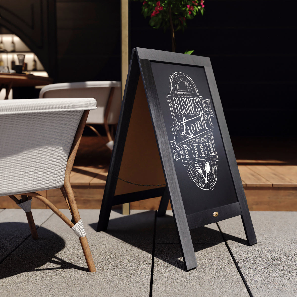 Canterbury 40" x 20" Black Wooden Indoor/Outdoor A-Frame Magnetic Chalkboard Sign Set with 8 Chalk Markers, 10 Stencils, and 2 Magnets, and Eraser