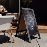Canterbury 40" x 20" Black Wooden Indoor/Outdoor A-Frame Magnetic Chalkboard Sign Set with 8 Chalk Markers, 10 Stencils, and 2 Magnets, and Eraser