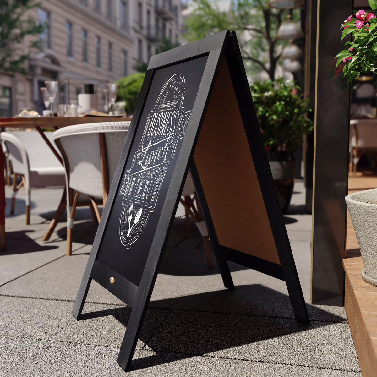 Canterbury 40" x 20" Black Wooden Indoor/Outdoor A-Frame Magnetic Chalkboard Sign Set with 8 Chalk Markers, 10 Stencils, and 2 Magnets, and Eraser