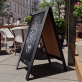 Canterbury 40" x 20" Black Wooden Indoor/Outdoor A-Frame Magnetic Chalkboard Sign Set with 8 Chalk Markers, 10 Stencils, and 2 Magnets, and Eraser