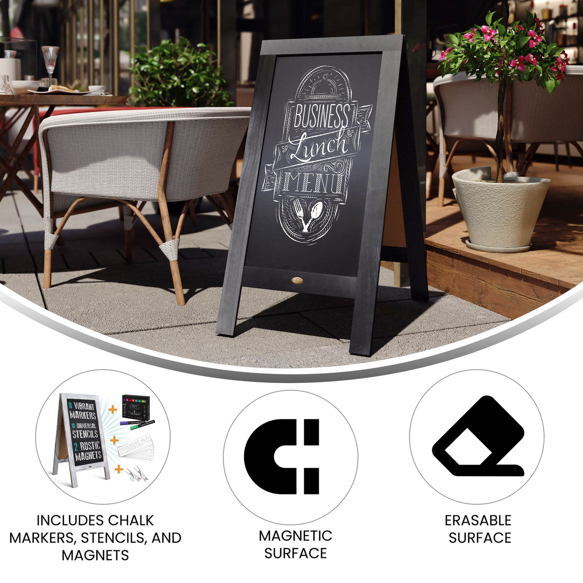 Canterbury 40" x 20" Black Wooden Indoor/Outdoor A-Frame Magnetic Chalkboard Sign Set with 8 Chalk Markers, 10 Stencils, and 2 Magnets, and Eraser