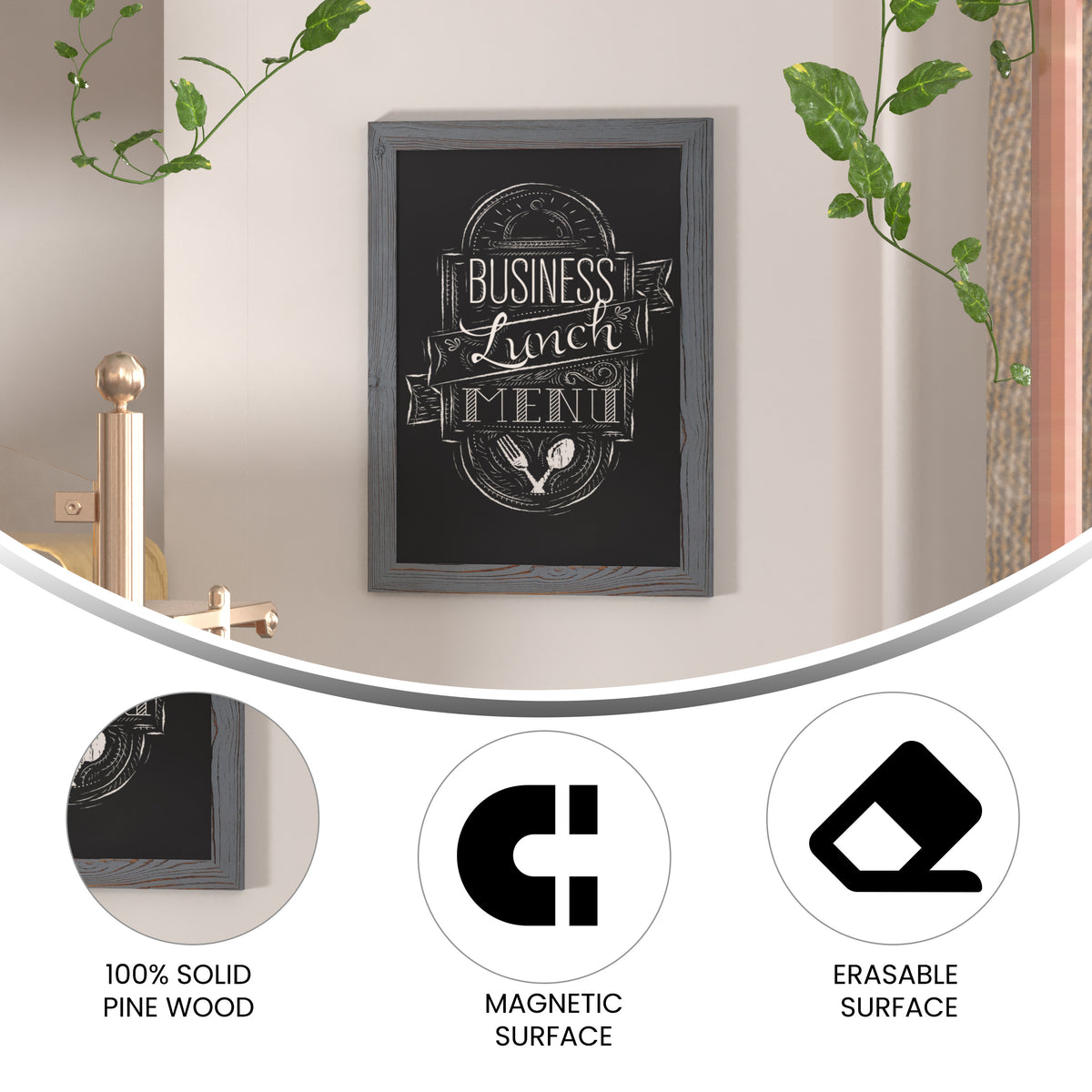 Canterbury 18" x 24" Rustic Gray Wall Mount Magnetic Chalkboard Sign with Eraser, Hanging Wall Chalkboard Memo Board for Home, School, or Business
