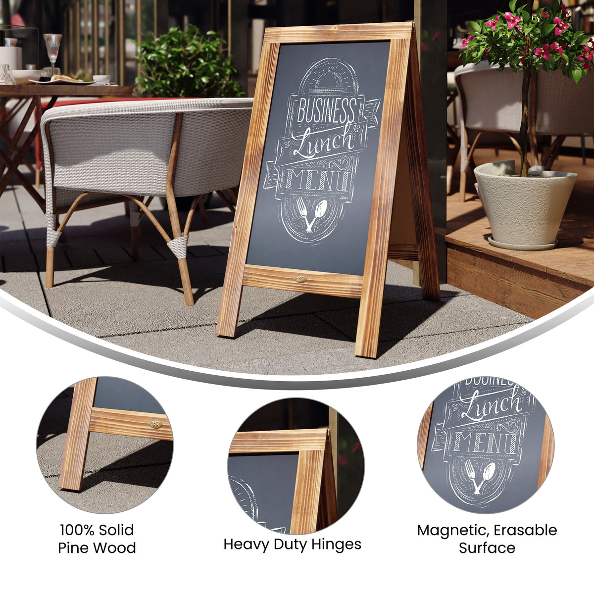 Canterbury 40" x 20" Vintage Wooden A-Frame Magnetic Indoor/Outdoor Chalkboard Sign, Freestanding Double Sided Extra Large Message Board, Rustic Brown