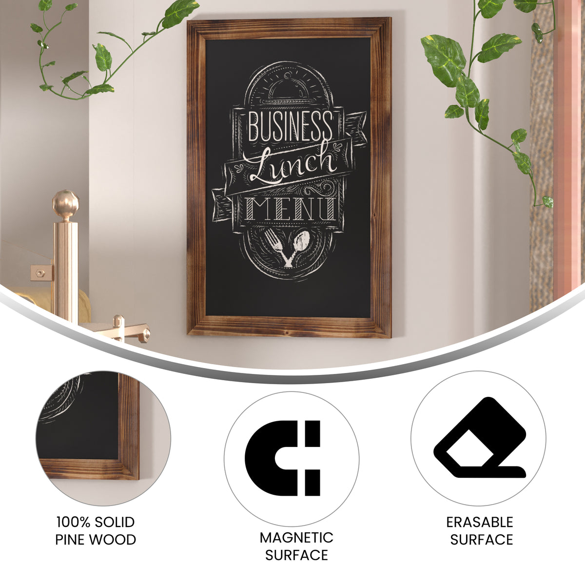 Canterbury 20" x 30" Torched Wood Wall Mount Magnetic Chalkboard Sign with Eraser, Hanging Wall Chalkboard Memo Board for Home, School, or Business