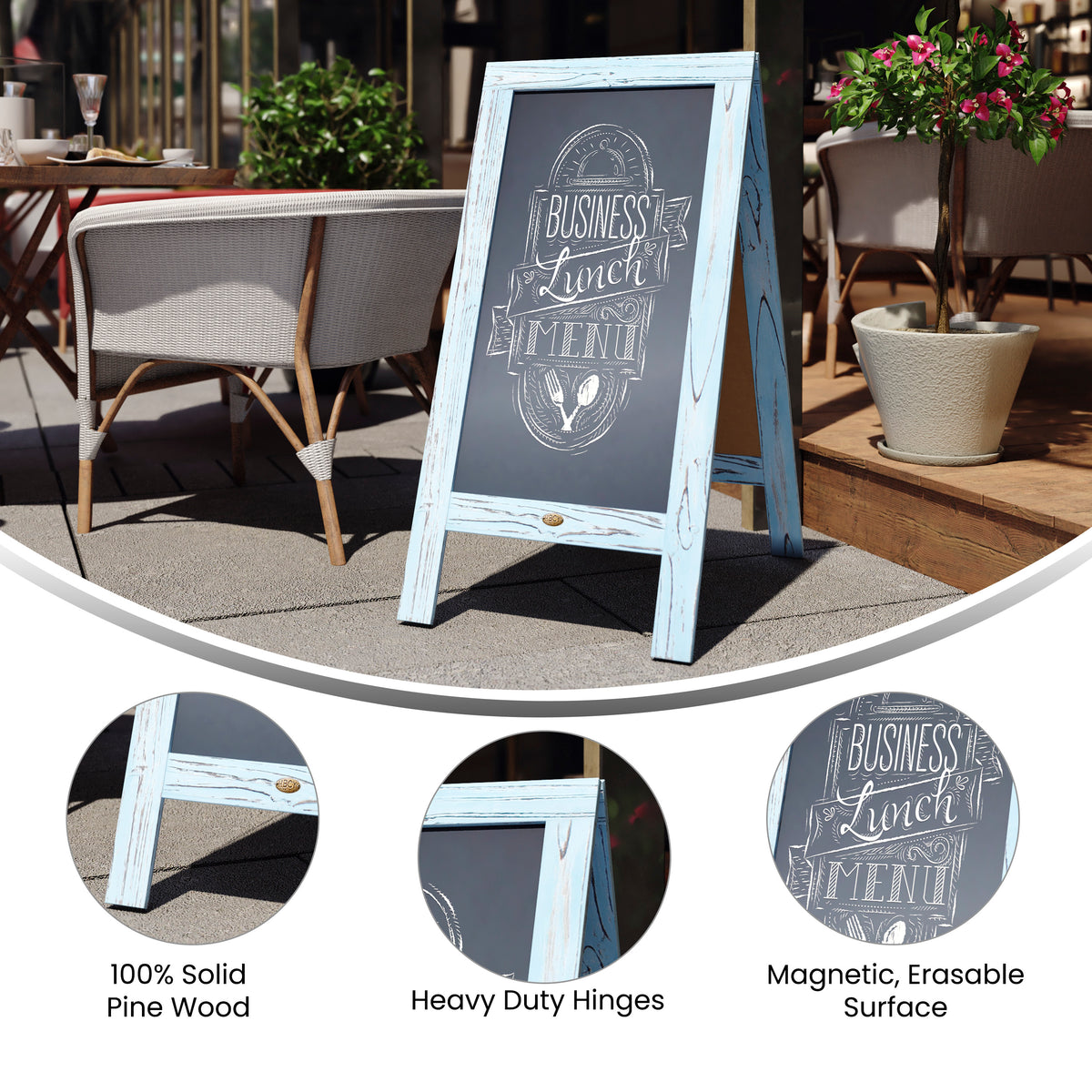 Canterbury 40" x 20" Vintage Wooden A-Frame Magnetic Indoor/Outdoor Chalkboard Sign, Freestanding Double Sided Extra Large Message Board, Robin Blue