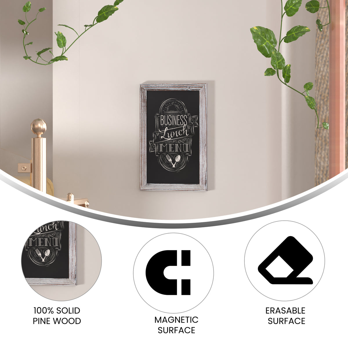 Canterbury 11" x 17" Whitewashed Wall Mount Magnetic Chalkboard Sign with Eraser, Hanging Wall Chalkboard Memo Board for Home, School, or Business