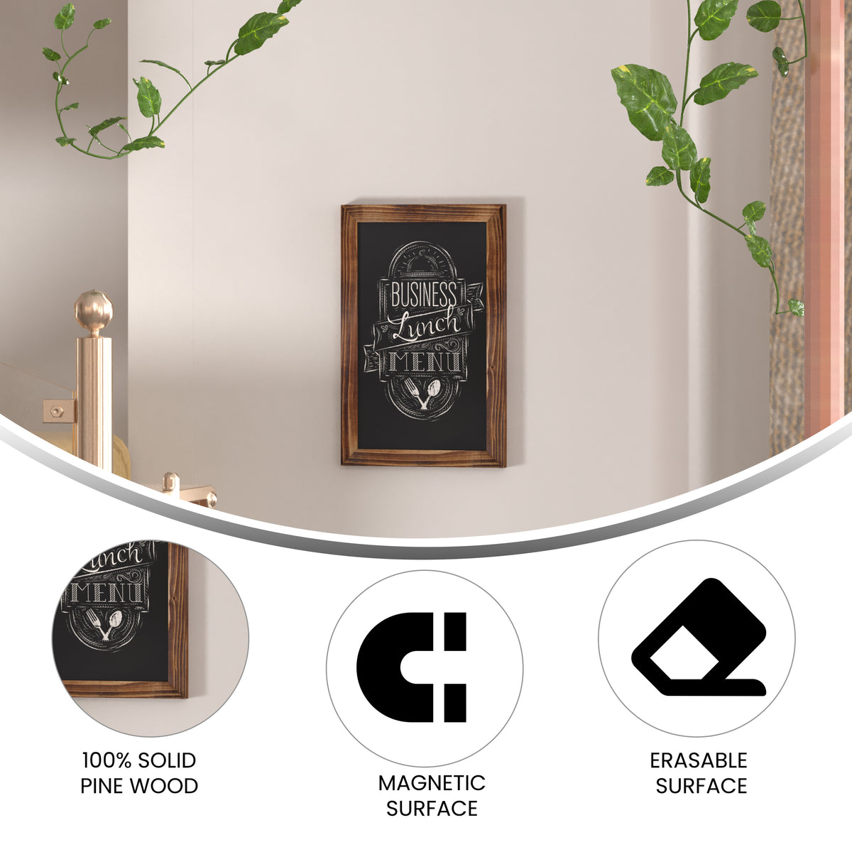 Canterbury 11" x 17" Torched Wood Wall Mount Magnetic Chalkboard Sign with Eraser, Hanging Wall Chalkboard Memo Board for Home, School, or Business
