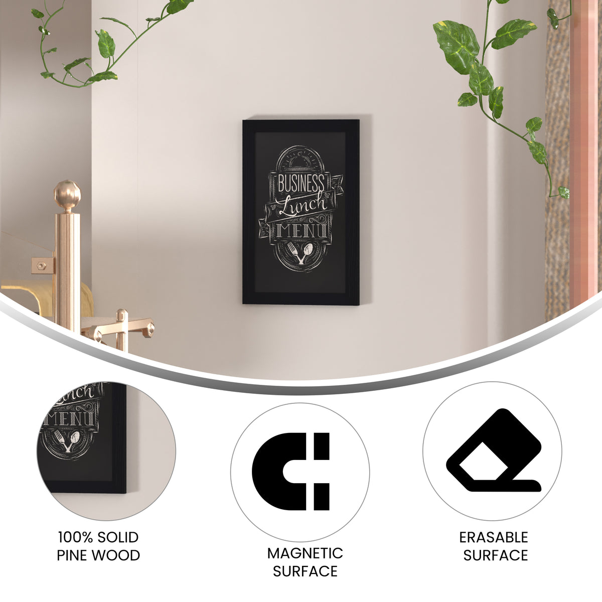 Canterbury 11" x 17" Black Wall Mount Magnetic Chalkboard Sign with Eraser, Hanging Wall Chalkboard Memo Board for Home, School, or Business