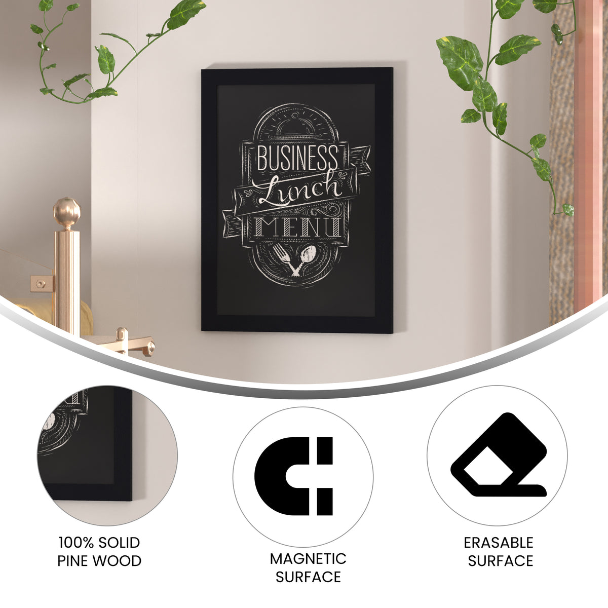 Canterbury 18" x 24" Black Wall Mount Magnetic Chalkboard Sign with Eraser, Hanging Wall Chalkboard Memo Board for Home, School, or Business