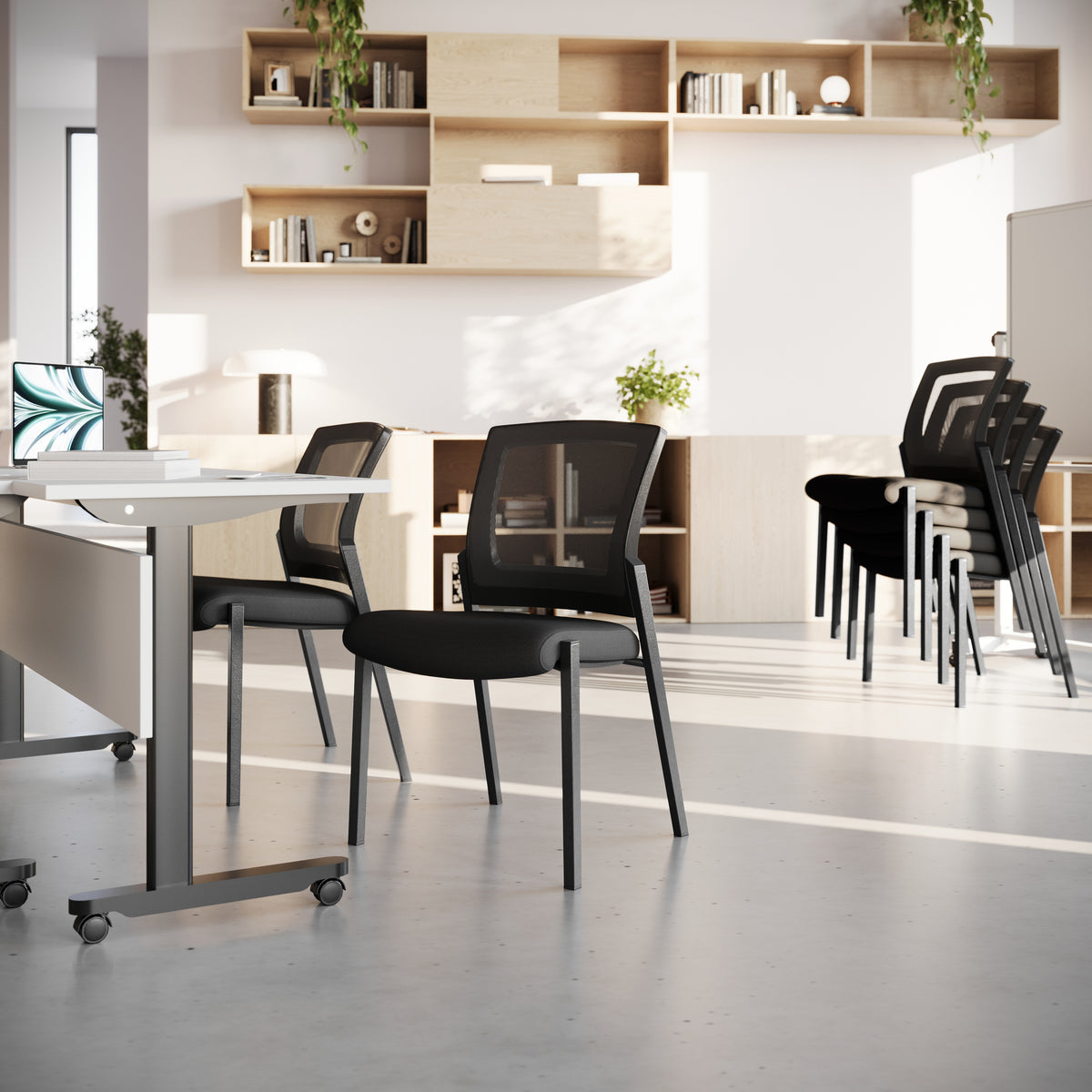 HERCULES Commercial Armless Stackable Side Chair with Black Mesh Seat and Powder Coated Black Steel Frame