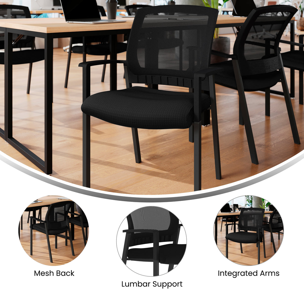 HERCULES Commercial Black Mesh Stackable Side Chair with Arms and Powder Coated Black Steel Frame
