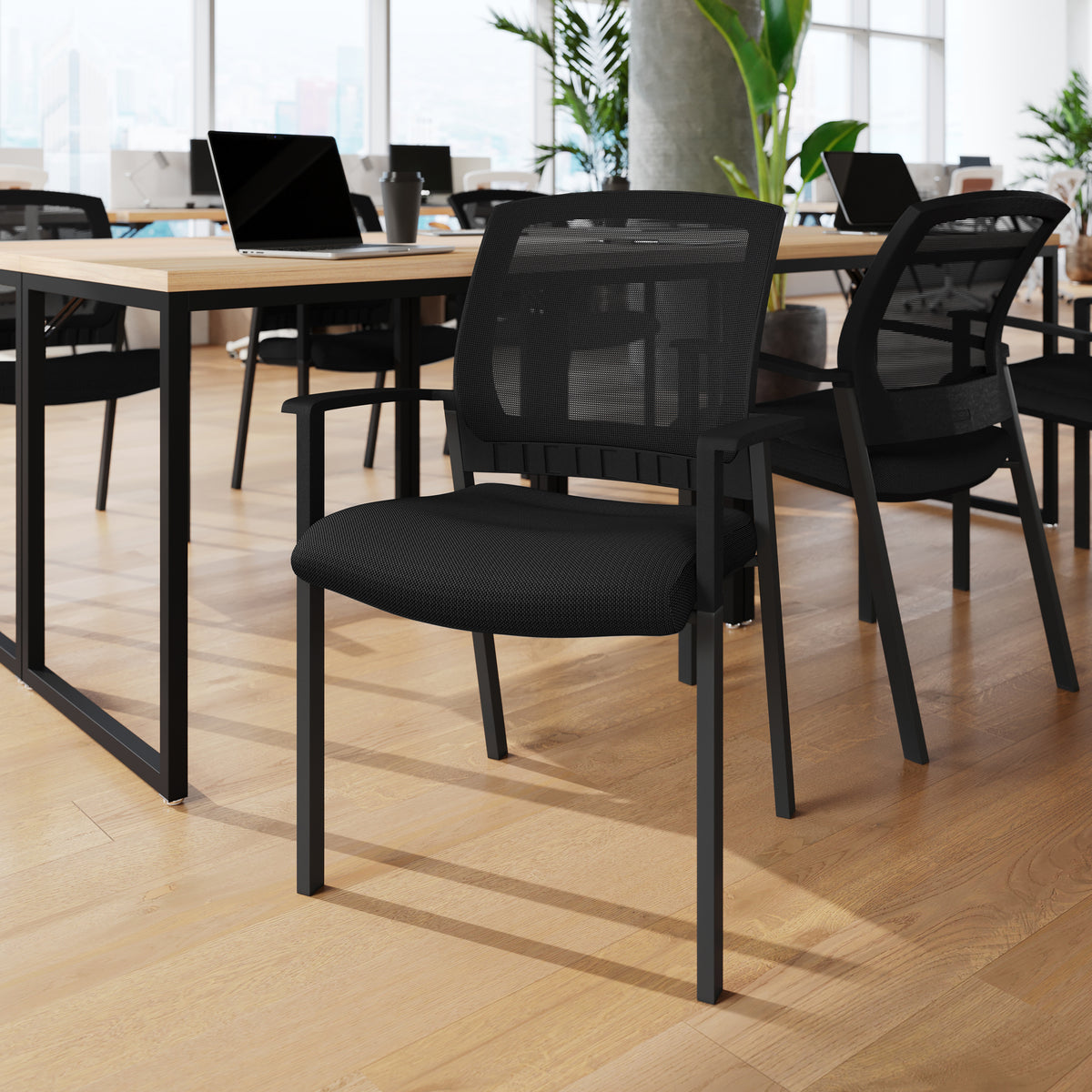 HERCULES Commercial Black Mesh Stackable Side Chair with Arms and Powder Coated Black Steel Frame