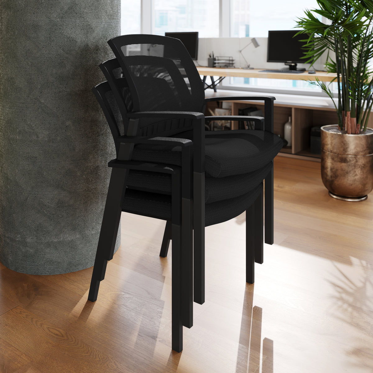 HERCULES Commercial Black Mesh Stackable Side Chair with Arms and Powder Coated Black Steel Frame
