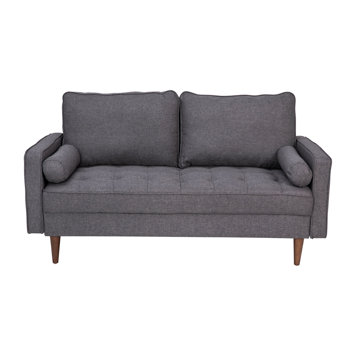 Hudson Mid-Century Modern Loveseat Sofa with Tufted Faux Linen Upholstery & Solid Wood Legs in Dark Gray
