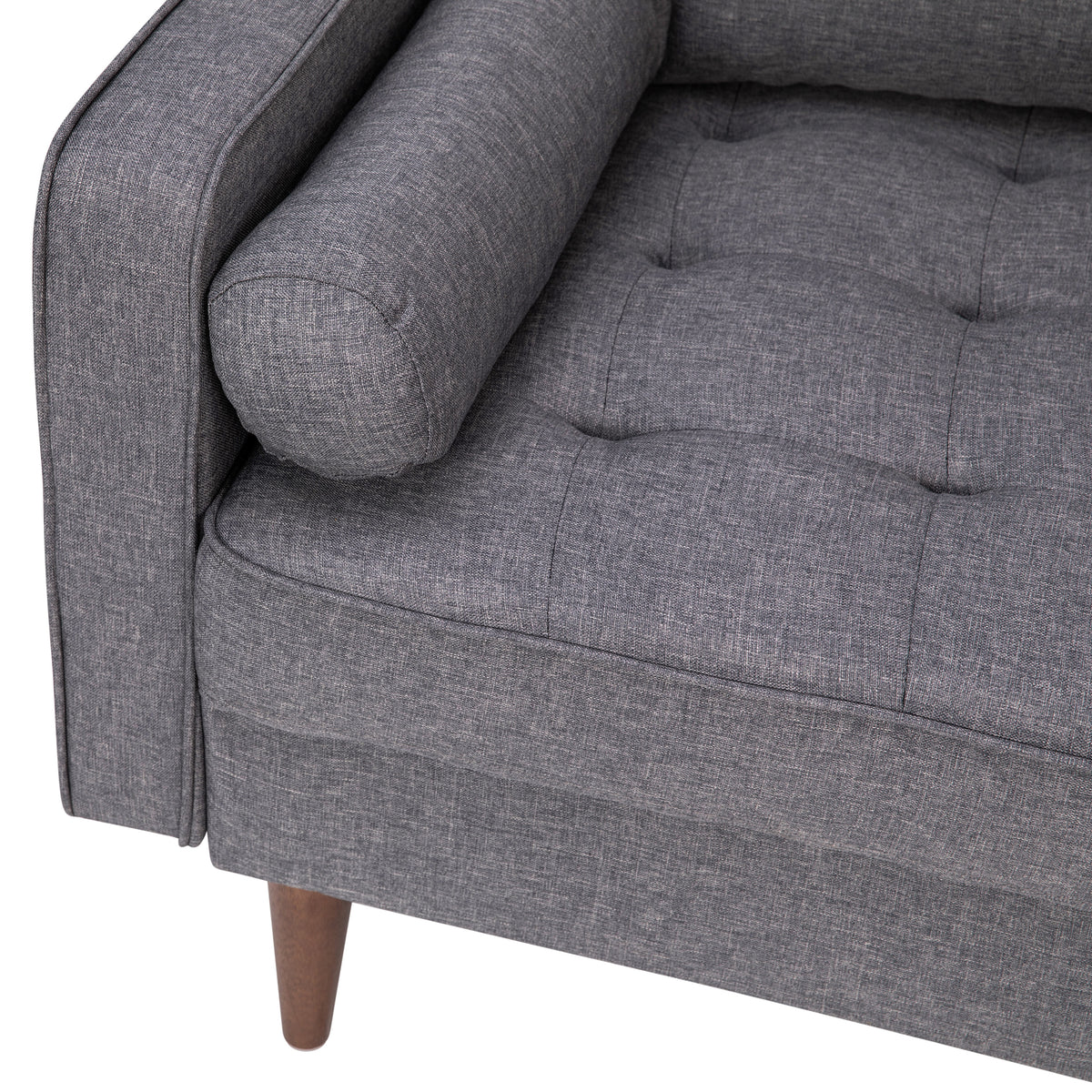 Hudson Mid-Century Modern Loveseat Sofa with Tufted Faux Linen Upholstery & Solid Wood Legs in Dark Gray
