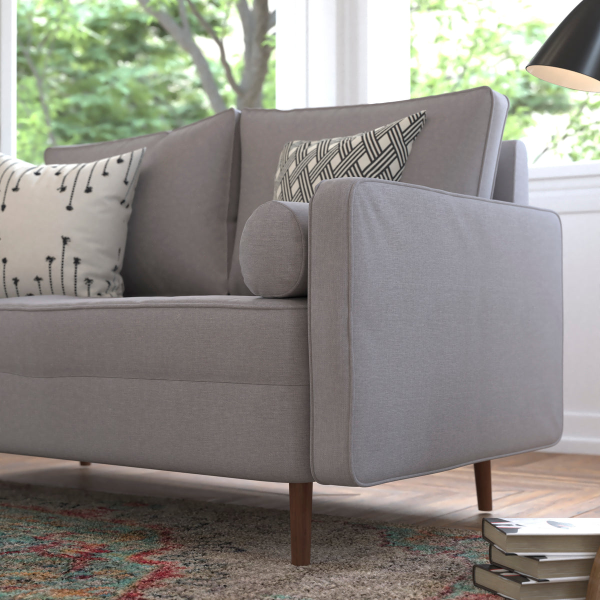 Hudson Mid-Century Modern Loveseat Sofa with Tufted Faux Linen Upholstery & Solid Wood Legs in Slate Gray