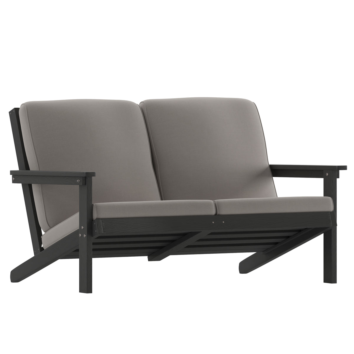 Charlestown All-Weather Poly Resin Wood Adirondack Style Deep Seat Patio Loveseat with Cushions, Black/Charcoal