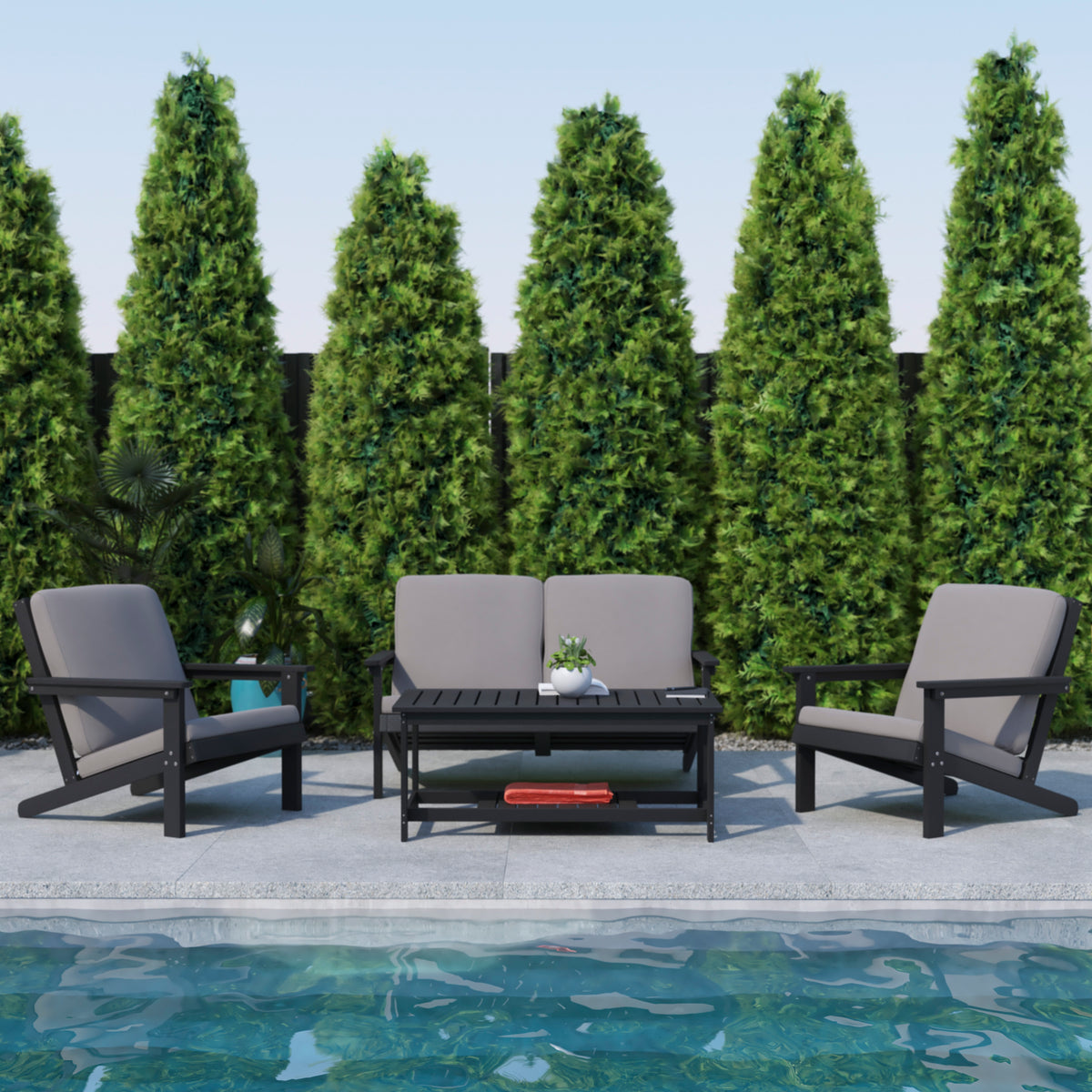Charlestown All-Weather Poly Resin Wood Adirondack Style Deep Seat Patio Loveseat with Cushions, Black/Charcoal