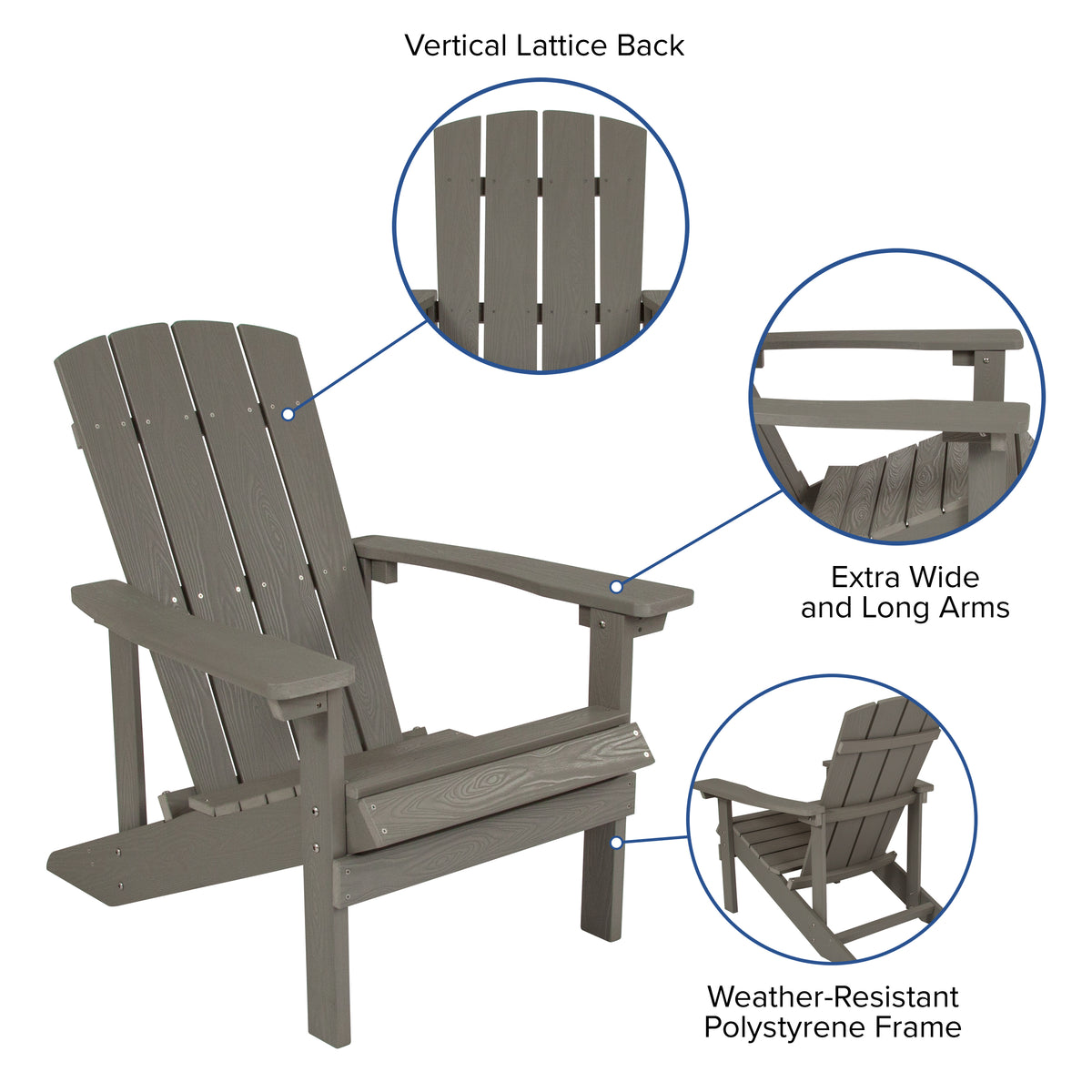 2 Pack Charlestown Commercial All-Weather Poly Resin Wood Adirondack Chairs with Side Table in Gray