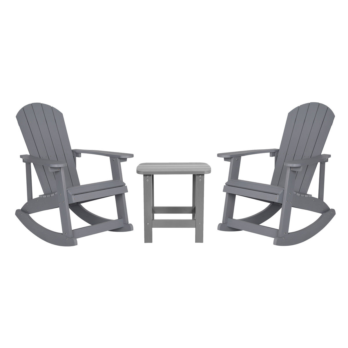 Set of 2 Savannah Commercial Grade All-Weather Poly Resin Wood Adirondack Rocking Chairs with Side Table in Gray
