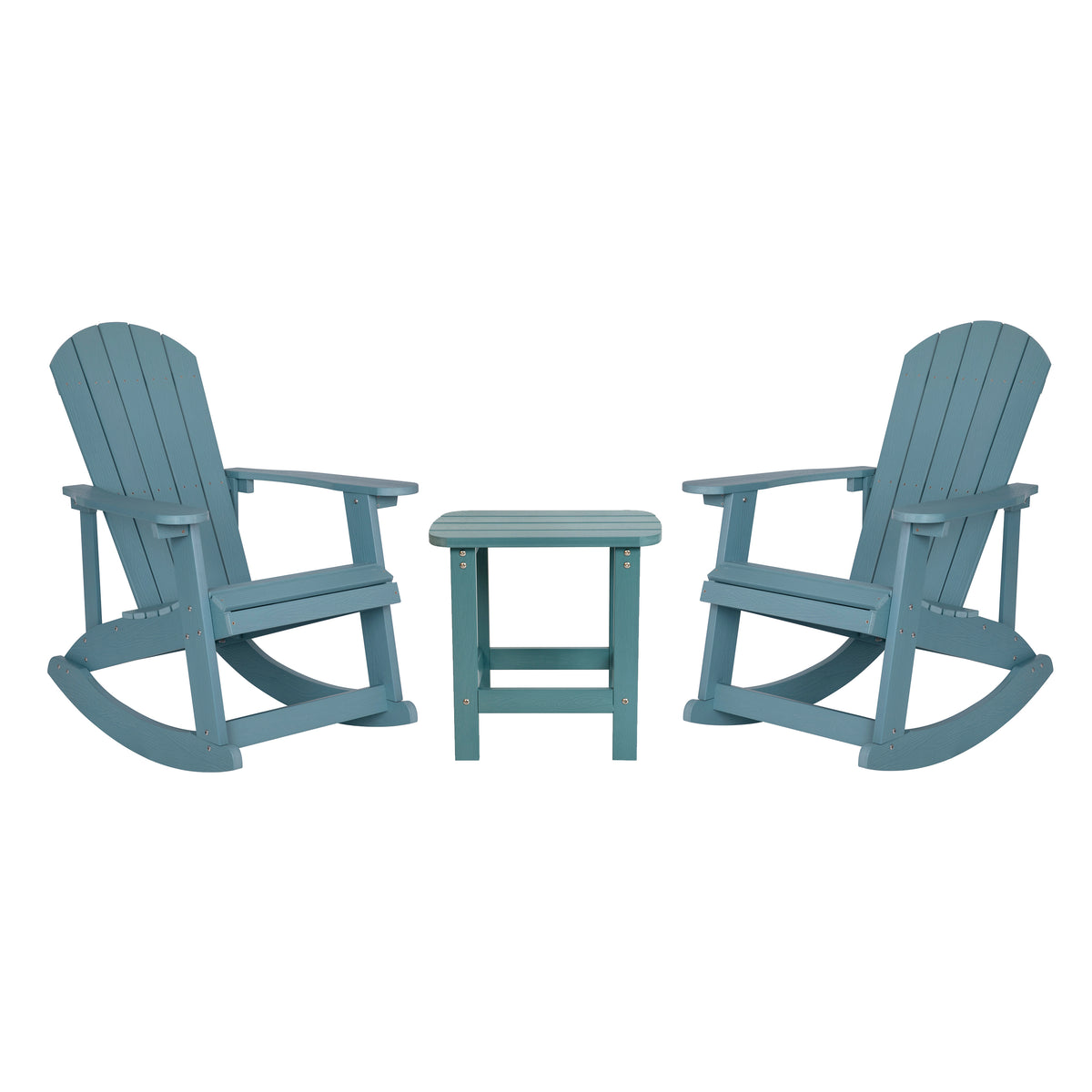 Set of 2 Savannah Commercial Grade All-Weather Poly Resin Wood Adirondack Rocking Chairs with Side Table in Sea Foam