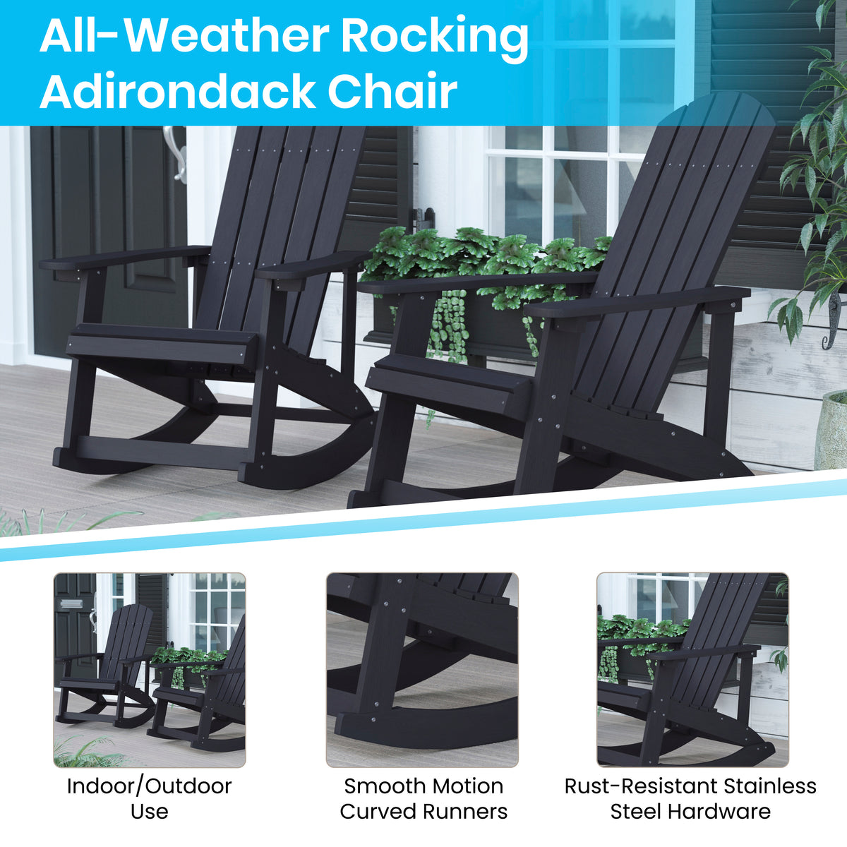 Savannah Commercial Grade All-Weather Poly Resin Wood Adirondack Rocking Chair with Rust Resistant Stainless Steel Hardware in Black
