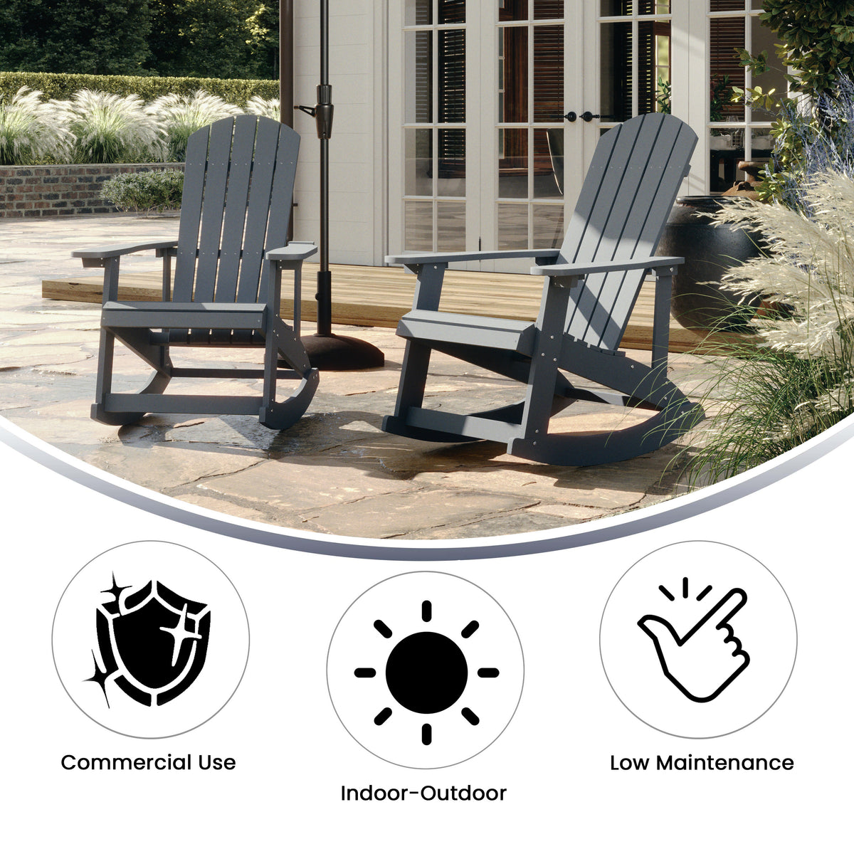 Savannah Commercial Grade All-Weather Poly Resin Wood Adirondack Rocking Chair with Rust Resistant Stainless Steel Hardware in Gray
