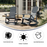 Savannah Commercial Grade All-Weather Poly Resin Wood Adirondack Rocking Chair with Rust Resistant Stainless Steel Hardware in Gray - Set of 2