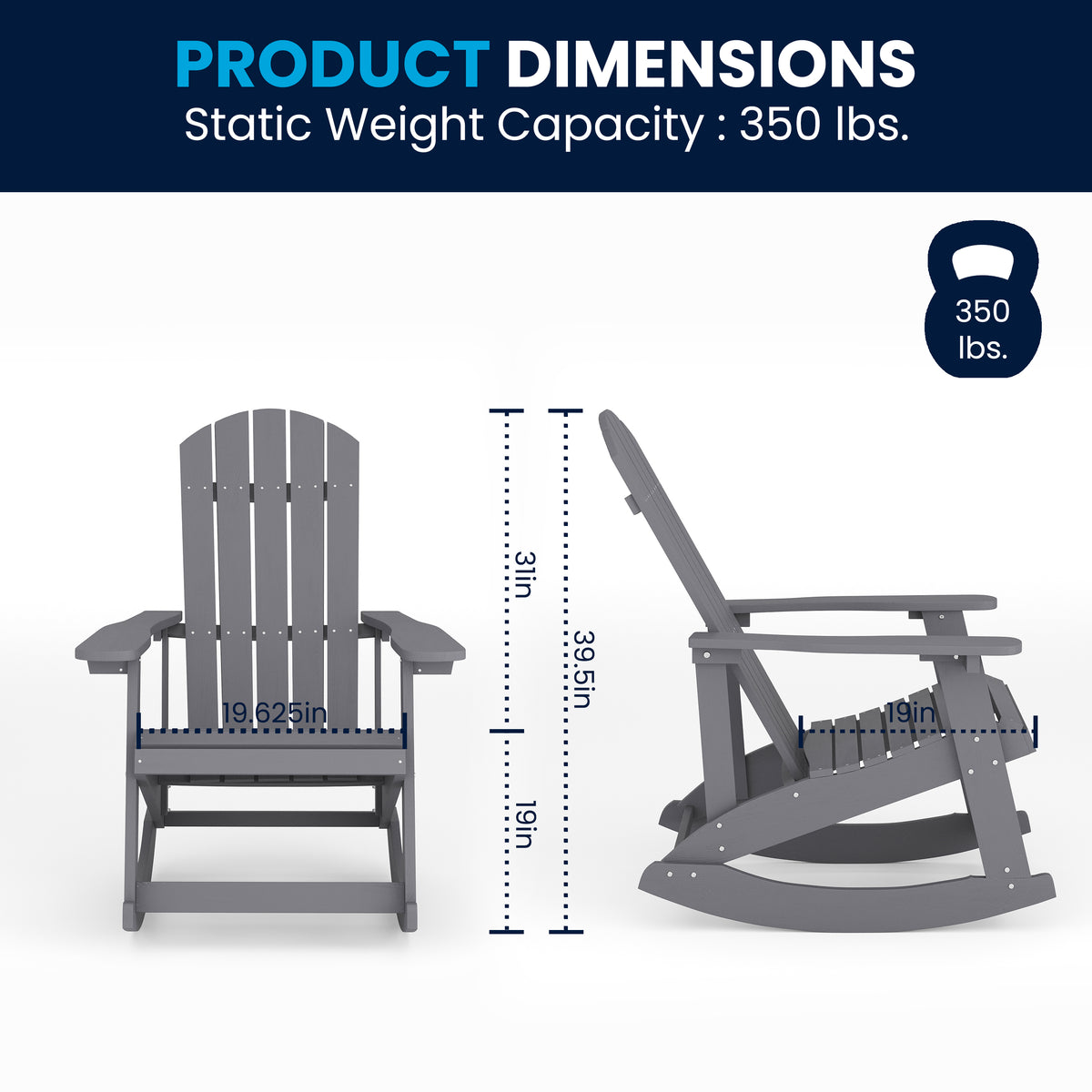 Savannah Commercial Grade All-Weather Poly Resin Wood Adirondack Rocking Chair with Rust Resistant Stainless Steel Hardware in Gray